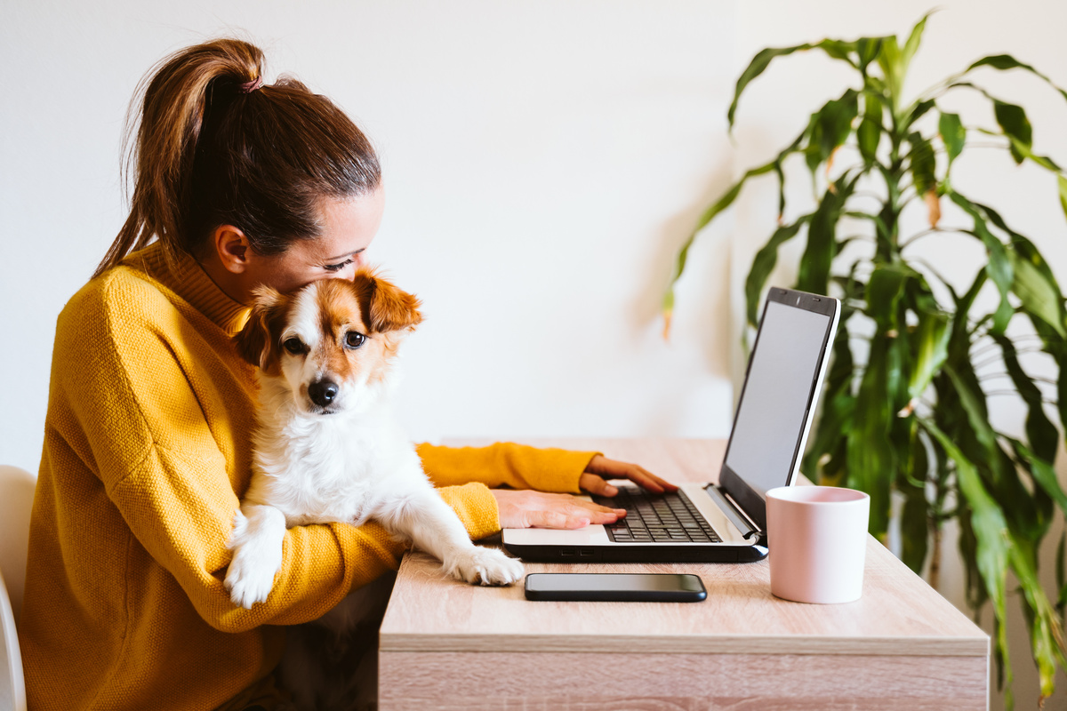 Mulher sentada a mesa com computador e abraçando cachorro