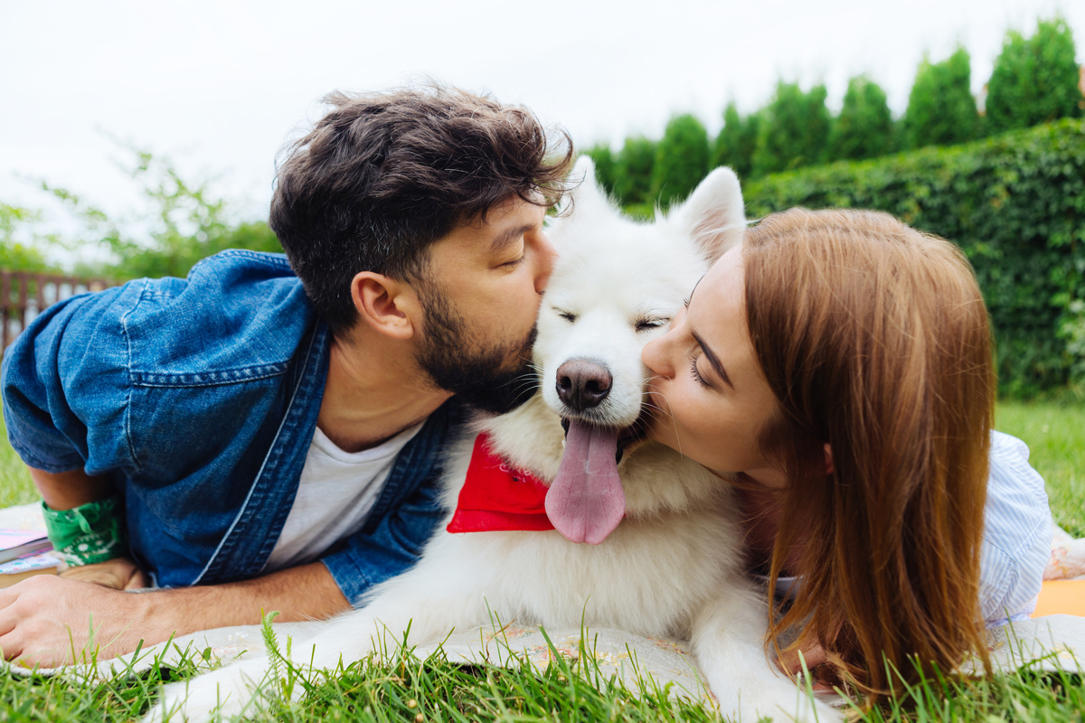 Homem e mulher beijando cachorro
